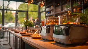 This Multiple food processors lined up on a table in a busy restaurant kitchen.