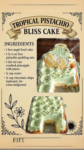 TROPICAL PISTACHIO BLISS CAKE Ingredients: 1 box angel food cake mix 1 (3.4 oz) box pistachio pudding mix 1 (20 oz) can crushed pineapple with juices Instructions: Preheat oven to 350°F (175°C). In a large bowl, mix dry angel food cake mix, dry pistachio pudding mix, and entire can of crushed pineapple (with juice). Stir until well combined and light. Pour mixture into an ungreased 9x13-inch baking pan. Bake for 30–35 minutes or until top is golden and springs back when touched. Let cool complet