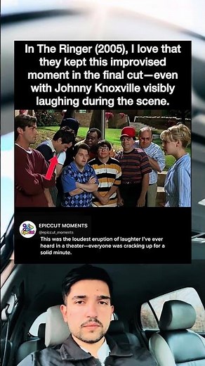 In The Ringer (2005), I love thatthey kept this improvised moment in the final cut-even with