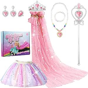 9PCS Princess Dress Up Clothes for Little Girls Princess Cape Set,Princess Dresses Halloween Costume Accessories Cosplay Cloak With Jewelry Tiara Crown Skirt for 3-8 Year Old Girl Holiday Gift