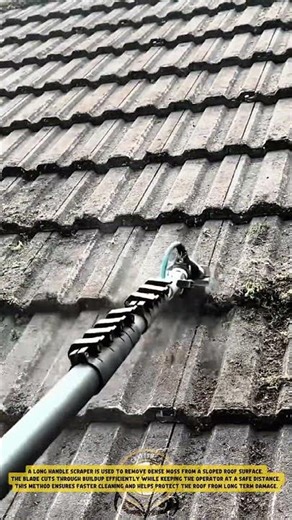 Removing Roof Moss using Long Handle Scraper Tool to Restore Surface Cleanliness
