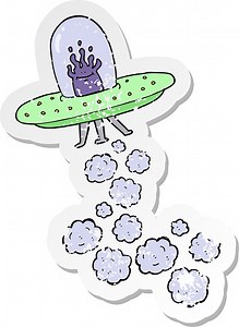 retro distressed sticker of a cartoon flying saucer