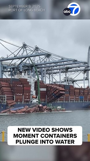 New video shows the moment when nearly an entire column of shipping containers tumbled off a ship and into the water at the Port of Long Beach. More than 50 containers fell from the vessel Mississippi Tuesday morning while it was berthed at the Pier G container terminal, according to a statement from the port. No injuries were reported. https://abc7.la/4m9fsXO | ABC7