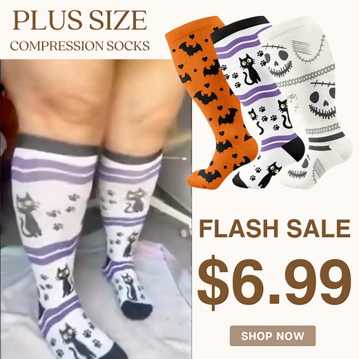 🚨 WE'VE NEVER DONE A SALE THIS EPIC BEFORE! For this weekend only, enjoy our Clearance Sale with all plus size compression socks ONLY $6.99!! ✅ 20-30mmHg medical-grade compression ✅ 2XL-7XL perfect stretch fit ✅ Ghosts, pumpkins & haunted patterns ✅ Breathable fabric for all-night comfort 🚀 Fast Shipping straight to your door! ⚠️ Styles are selling out by the minute—shop now before your size sells out! ⏰ Just hurry, once this weekend ends, these deals are gone for good! | Plusock