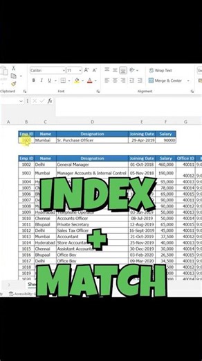 INDEX + MATCH Function in excel | Excel Tips & Tricks | #excel #shorts