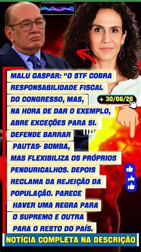 🔴 URGENTE! Malu Gaspar critica postura do STF jornalista Malu Gaspar afirmou que responsabilidade,