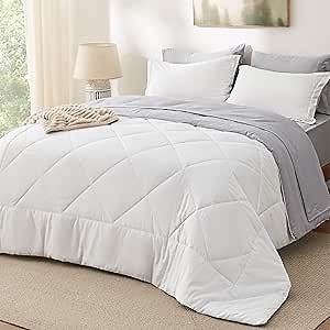 Bedsure Queen Comforter Set - 7 Pieces Reversible White and Grey Bedding, Queen Bed Set for All Seasons, Bed in a Bag with Down Alternative Comforter, Grey Sheets, Pillowcases & Shams