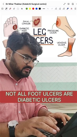 Dr.Nihar Thakkar on Instagram: "Non-healing foot ulcers are NOT normal. They may be a sign of: • Diabetes • Poor blood circulation • Vein disease • Constant pressure from footwear or bed ⚠️ Warning signs: – Ulcer not healing after 2 weeks – Black skin / foul smell – Numbness or pain – Recurrent wounds ✅ Prevention tips: ✔ Control blood sugar ✔ Daily foot inspection ✔ Proper footwear ✔ Early doctor visit Early treatment can save your foot. 👉 Save this post & share it with someone who has diabete
