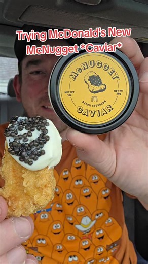Snackolator on Instagram: "McDonald's dropping McNugget Caviar is one of the wildest menu items I've ever seen and I feel so fancy eating it! I hope you can score one and try the kit for yourself. Huge thanks to @mcdonalds for the early taste and for allowing me to wear the Chicken McNugget shirt! #mcdonalds #fastfood #eating #caviar #foodreview"