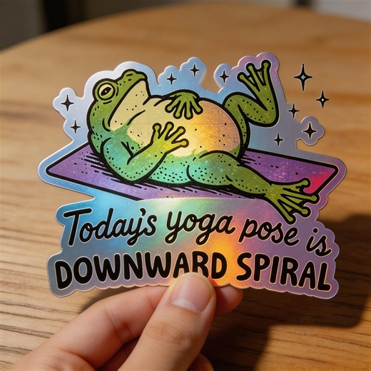 Funny Yoga Frog Sticker, Downward Spiral Quote, Holographic Vinyl Decal, Laptop Water Bottle, Custom Option