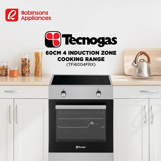 Make every meal a masterpiece with the Tecnogas Cooking Range! It has 4 induction zones, a 56-liter multifunction oven, and a durable stainless steel body that’s easy to clean and maintain.​ Get all your appliance needs through #RobinsonsAppliances. | Robinsons Appliances