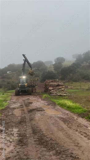 Forestry machinery collecting and stacking logs in a logging site