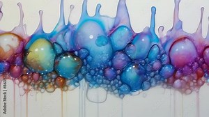 A vibrant array of colorful liquid bubbles in various sizes appear on a white background. The bubbles are dripping and merging in an artistic pattern. The sensation is playful and engaging.