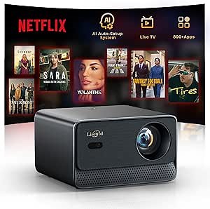 Projector with WiFi and Bluetooth: [1800 ANSI/Ai Auto Focus/800+ Apps/Compatible with Netflix] Outdoor-Projector 4K Support 1080P Smart Live TV Movie Lisowod L03Pro Projector