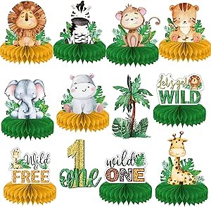 12 Pcs Birthday Decorations Honeycomb Centerpieces for Boy Girls Jungle Safari Theme 1st Birthday Table Centerpieces Party Supplies Safari Animal First Baby Shower Table Topper Decor