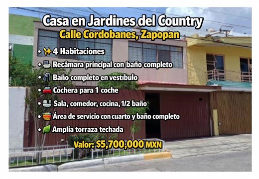 Si estás buscando vivir en una de las zonas más exclusivas de Zapopan, pon atención. Esta casa en Jardines del Country, Calle Cordobanes, a minutos de la terminal, lo tiene todo. 💎 4 habitaciones 🛁 Recámara principal con baño completo 🛁 Baño completo en vestíbulo 🚗 Cochera para 1 coche 🍽️ Sala, comedor y cocina amplios 🚿 Medio baño 🧺 Área de servicio con cuarto y baño completo 🌿 Terraza techada ideal para reuniones Todo esto con un valor de $5.7 millones. ¿La vemos juntos? Escríbeme.” #c