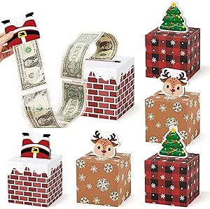 Sinasasspel 6PCS Christmas Money Box for Cash Pull Surprise Gift Box Money Explosion Holder Santa, Reindeer, Holiday DIY Money Roll Boxes Pull Out Present Xmas Party Supplies