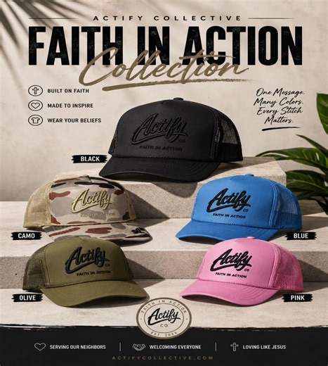 Faith isn't just something we speak. It's something we wear. Something we live. Introducing the Actify Collective Faith In Action Hat Collection — built for the ones who move with purpose, stand on conviction, and represent the Kingdom everywhere they go. 👑✝️ From camo to classic black, bold blue to soft pink, every color tells the same story: Faith in Action. Premium quality. Timeless style. Kingdom mindset. This isn't just a hat lineup. This is a statement. Which one are you rocking first? 👀