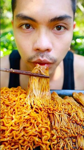 Mukbang spicy ramen noodles and enoki mushroom #mukbang # #eating