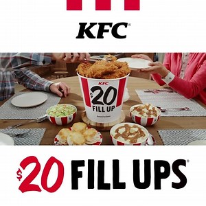 Enjoy the comfort of home-style cooking without the cooking! Get a $20 Fill Up with all the fixins. Order ahead at KFC.com, swing by any drive-thru, or enjoy free, contactless delivery. Terms apply at https://bit.ly/2U5LYPg. | KFC