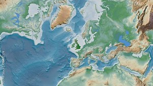 United Kingdom area presented against the global physical map in the Patterson Cylindrical projection with animated oblique transformation