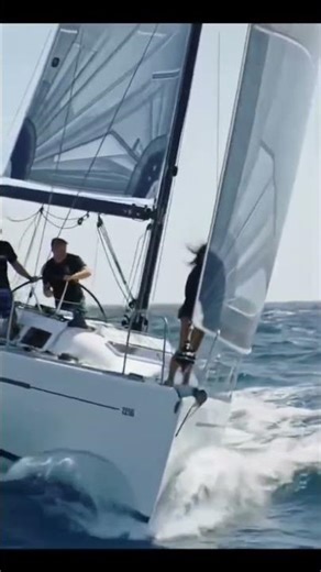 "Sailboat slices through crashing waves as sailors grip the helm and face the roaring sea."