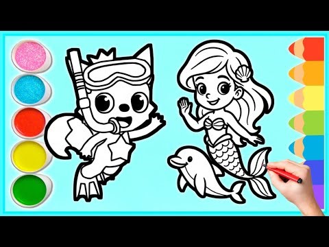 Learn to Color Pinkfong and Mermaid - Easy Coloring Tutorial for Kids