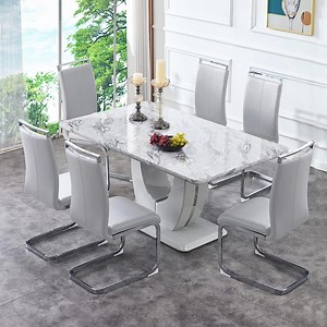 Sumdeal 63" Modern Faux Marble Dining Room Table Sets for 6,7 Piece Rectangle Dining Table Set &6 Pu Leather Upholstered Chairs Ideal(Light Grey, Set of 6)