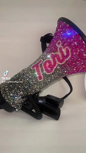 Get LOUD 📢 Ombre pink to black crystallized professional grade megaphone, personalized just for Tori (obv) #megaphone #cheerleading #cheer #blingmegaphone #bling #rhinestones