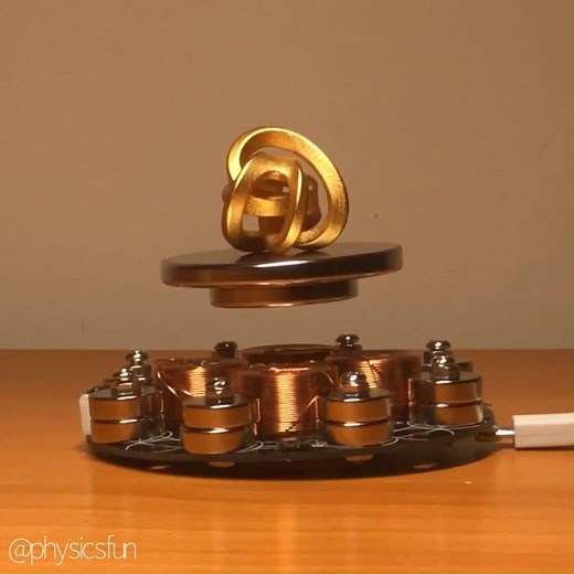 Electromagnetic Levitation Module https://www.physicsfunshop.com/search?keywords=levitation This engineered control system uses adjustable electromagnets (four copper coils) and and two Hall effect magnetic field sensors (held firm embedded in white silicone) to levitate a 5cm diameter neodymium magnet platform about 3 cm in mid-air. A feedback loop informed by the Hall effect sensors allows fine tuning of the magnetic field to exactly balance the pull of gravity, and is powered by a standard US