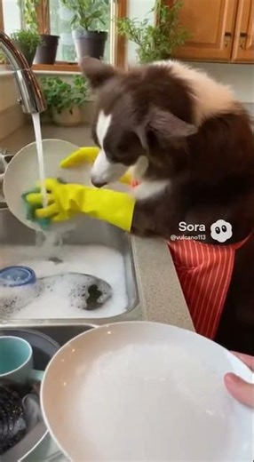 Angry dog washing dishes after destroying couch
