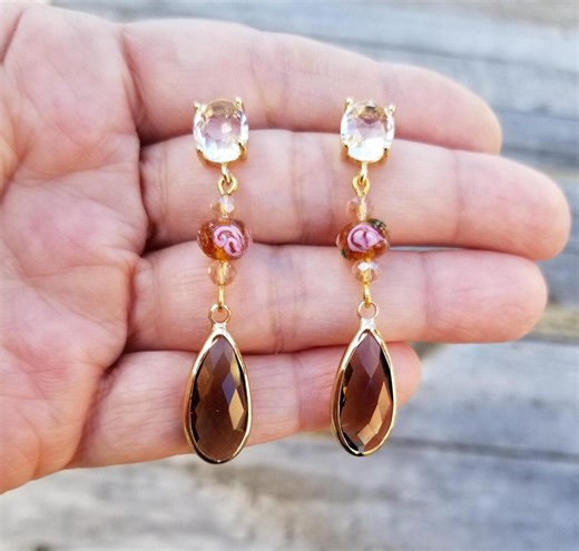 14k Gold Lampwork Glass Smoky Quartz Stud Earrings, Lampwork Glass Bead Earrings, Smoky Quartz Earrings, Sophisticated, 1930's Style - Etsy