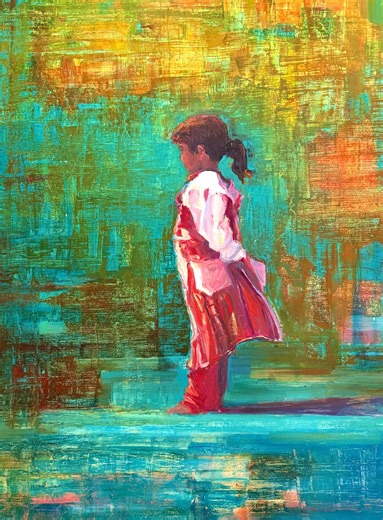 Girl in Red Dress-blue Green Abstract Print - Etsy