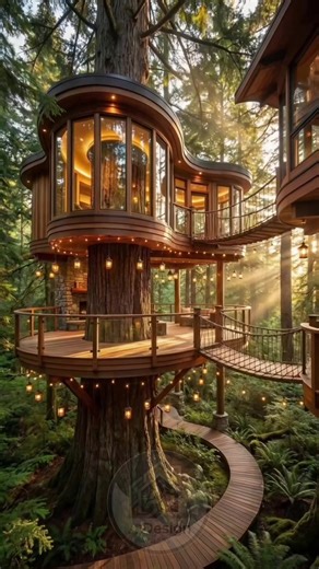 Dream Treehouse (Before / After) A simple wooden platform wrapped around a forest tree transforms into an enchanting elevated retreat hidden in the woods. Curved architecture, warm lighting, panoramic windows, and suspended walkways turn the humble structure into a magical treehouse designed to live among the trees. #BeforeAfter #TreehouseLiving #ForestArchitecture #DreamDesign #NatureHomes