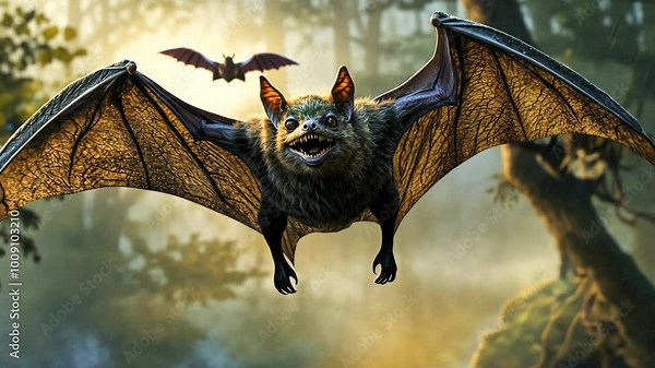 A bat with large, brown wings flies through a forest, its eyes wide open