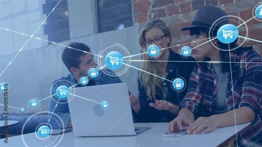 Team of three working at laptop, lead gesturing and starting cart lock icons forming tech network