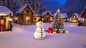 A 3D winter landscape showcasing houses nestled in a snowy valley, filled with a festive Christmas atmosphere. The scene includes a cheerful snowman, a beautifully decorated Christmas tree with gifts