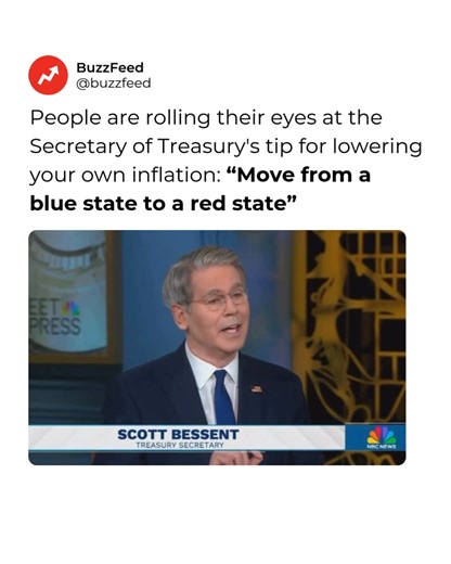 The US Treasury Secretary Scott Bessent has a *great* idea for people to bring their own inflation rate down... And let's just say, it didn't go over as well as he thought it would. People in the comments are questioning the whole uproot your entire life for .5% thing. One person asked, "And you'll pay to move me then?" Read more: https://www.buzzfeed.com/mjs538/how-to-lower-your-own-inflation 🎥: NBC News / atrupar via x.com | BuzzFeed