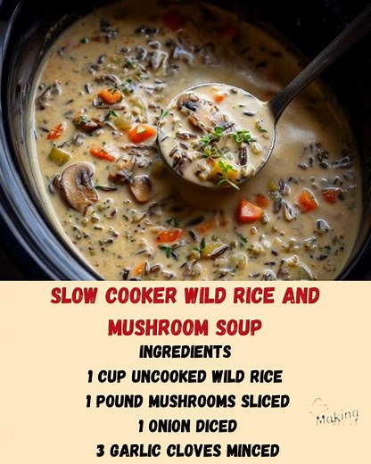 Slow Cooker Wild Rice and Mushroom Soup Creamy, comforting, and filled with earthy mushrooms, vegetables, and tender wild rice. Ingredients 1 cup uncooked wild rice 1 pound mushrooms sliced 1 onion diced 3 garlic cloves minced 3 carrots diced 3 celery stalks diced 6 cups chicken broth or vegetable broth 1 teaspoon salt 1 teaspoon black pepper 1 teaspoon dried thyme 1 teaspoon paprika 2 tablespoons olive oil 1 cup heavy cream or half and half 2 tablespoons cornstarch mixed with 3 tablespoons wate