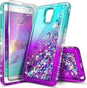 Galaxy Note 4 Case with Tempered Glass Screen Protector for Girls Kids Women, NageBee Glitter Liquid Sparkle Bling Floating Waterfall Diamond Cute Case for Samsung Galaxy Note 4 -Aqua/Purple