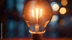 A light bulb is lit up and shining brightly. The light is focused on the bulb, making it the main subject of the image. Scene is warm and inviting, as the light bulb creates a cozy atmosphere