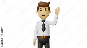3d man character. Cartoon businessman with folder in hands. Office worker greets colleagues. 3d render. Friendly employee of the company. Full hd animation with alpha channel in cartoon style.