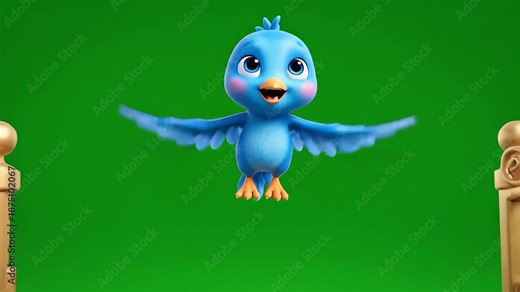 Charming animated blue bird character with expressive eyes and a friendly demeanor first appearing behind elegant golden gates and then soaring in flight on a vibrant green screen for versatile video.