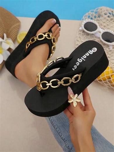 Black Thick-Sole Wedge Sandals For Women, Gold Chain Decor, Retro Sexy Style, European & American Summer Bestseller, Leg-Lengthening, Versatile For Daily & Vacation Wear, Comfortable Platform Shoes,Flip Flops | SHEIN