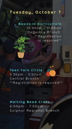 🌱🧘‍♀️ Plants, poses, poems, and a touch of the 🖤 macabre — it’s all happening at your public library over the next 2 days! 🎨💫 #LibraryLife | calcasieulibrary.org/events | Calcasieu Parish Public Library