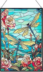 Stained Glass Window Hanging, Dragonfly Suncatchers for Windows Hanging, Handcrafted Sun Catchers Indoor Window Panel for Home Decor, Gift for Mom, Wife, Friends, Rectangular W10 xH15