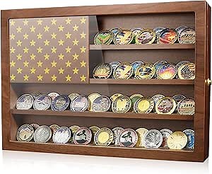 Challenge Coin Display Case, Lockable Military Coin Holder Cabinet with Removable Star Board & Anti-Fade Acrylic Door, Wood Wall Mount Coins Collection Rack Stand with 2 Grooves Shelves Walnut
