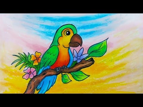 Menggambar burung nuri || Cara menggambar dan mewarnai burung