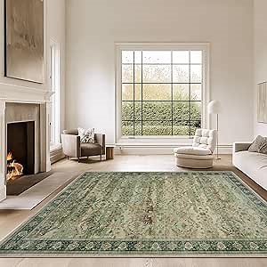 8x10 Area Rugs Washable Rug: Large Vintage Living Room Rug Soft Anti-Skid Thin Carpet Indoor Floor Non-Shedding Carpets for Bedroom Dining Room Nursery Farmhouse Home Office(Green, 8x10)