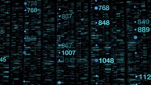 Aqua numbers float on electric blue background in urban design cityscape